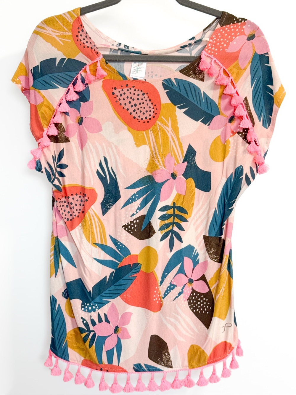 Tropical Tassel Top Pink Floral Bohemian Tee Made in USA L